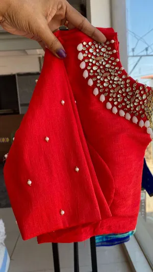 Hand worked Red Jewel Neck Blouse