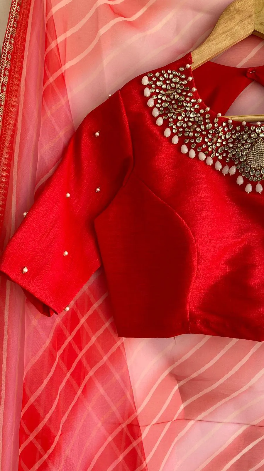 Hand worked Red Jewel Neck Blouse