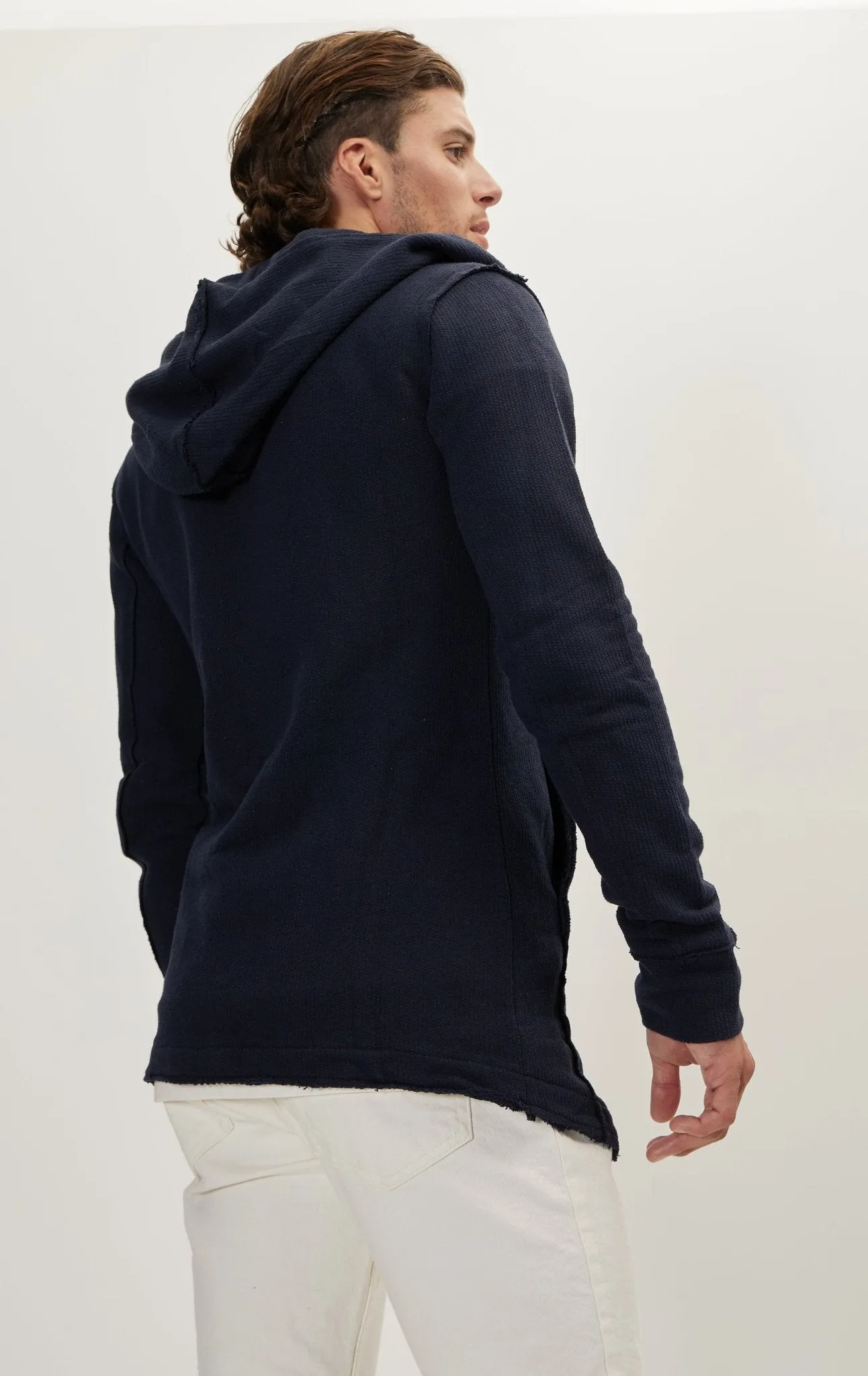 Hooded Asymmetric Closure Raw Cardigan - Navy