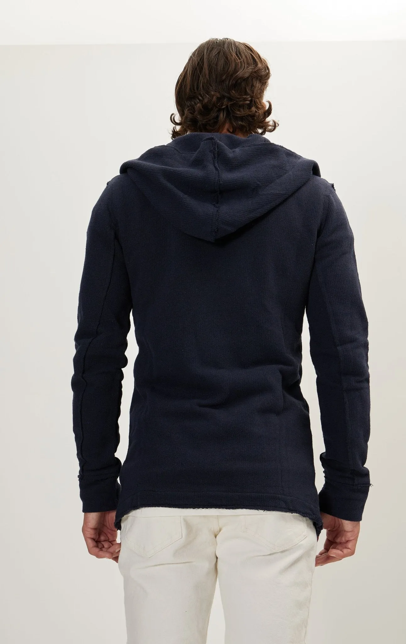 Hooded Asymmetric Closure Raw Cardigan - Navy