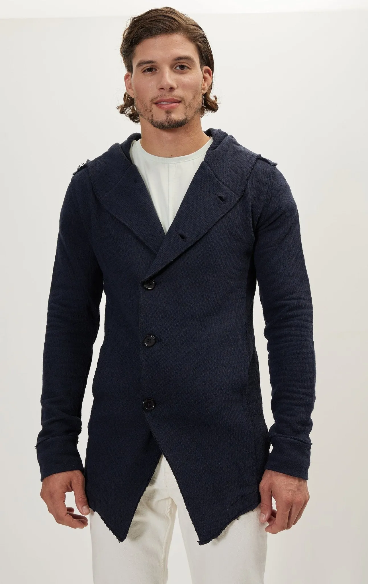 Hooded Asymmetric Closure Raw Cardigan - Navy