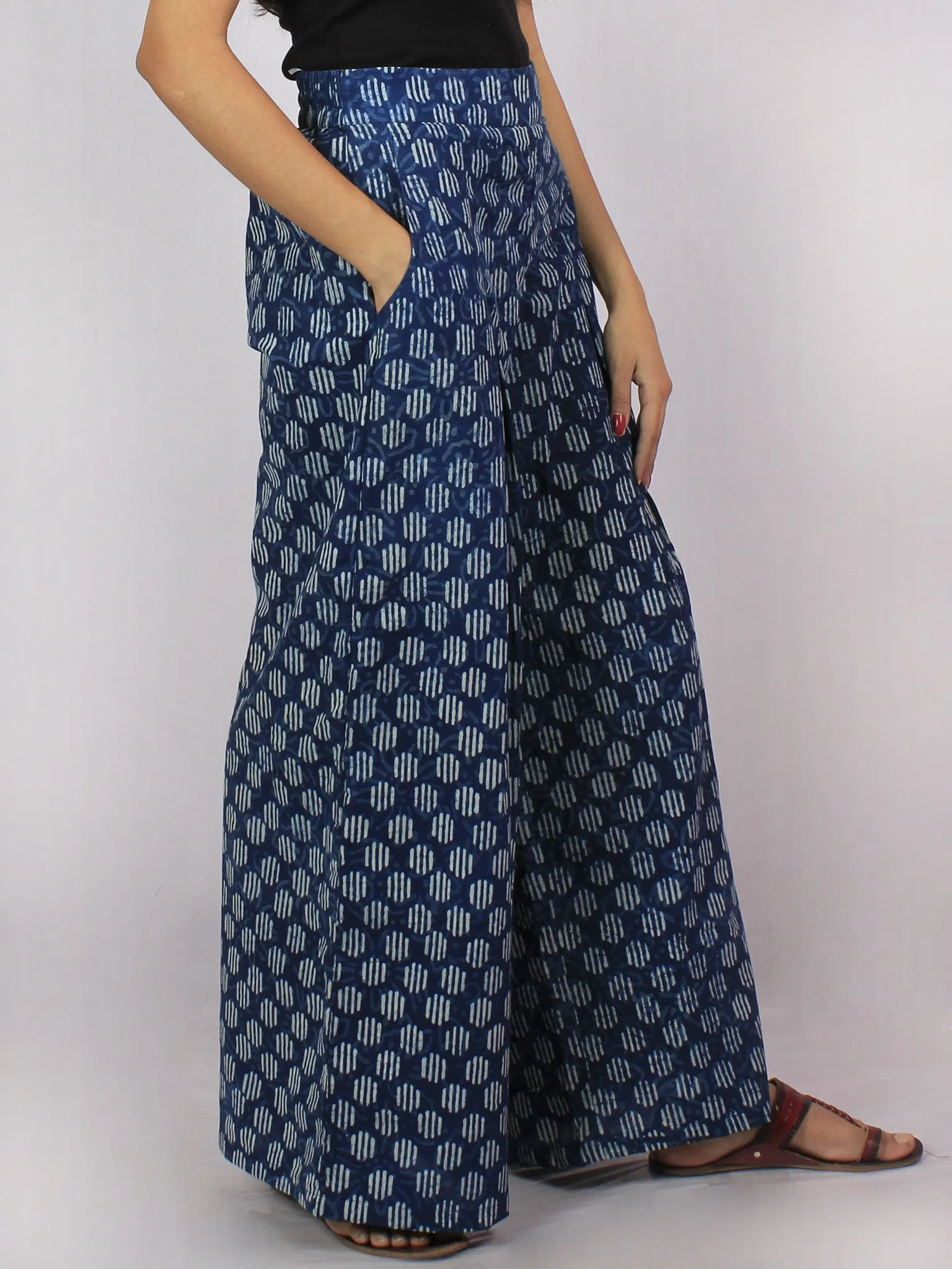 Indigo White Hand Block Printed Semi Elasticated Waist Pleated Cotton Palazzo - P1117087