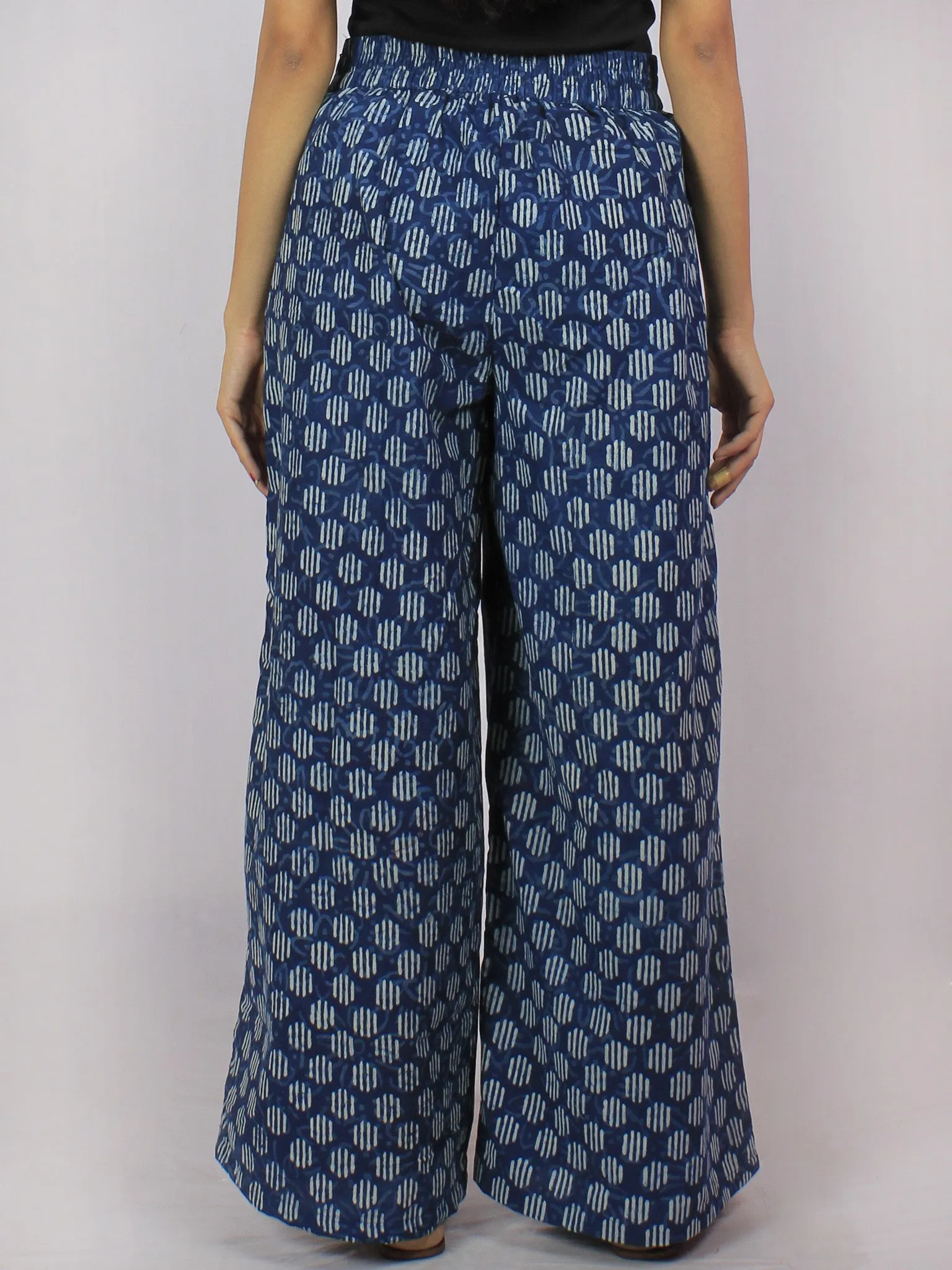 Indigo White Hand Block Printed Semi Elasticated Waist Pleated Cotton Palazzo - P1117087