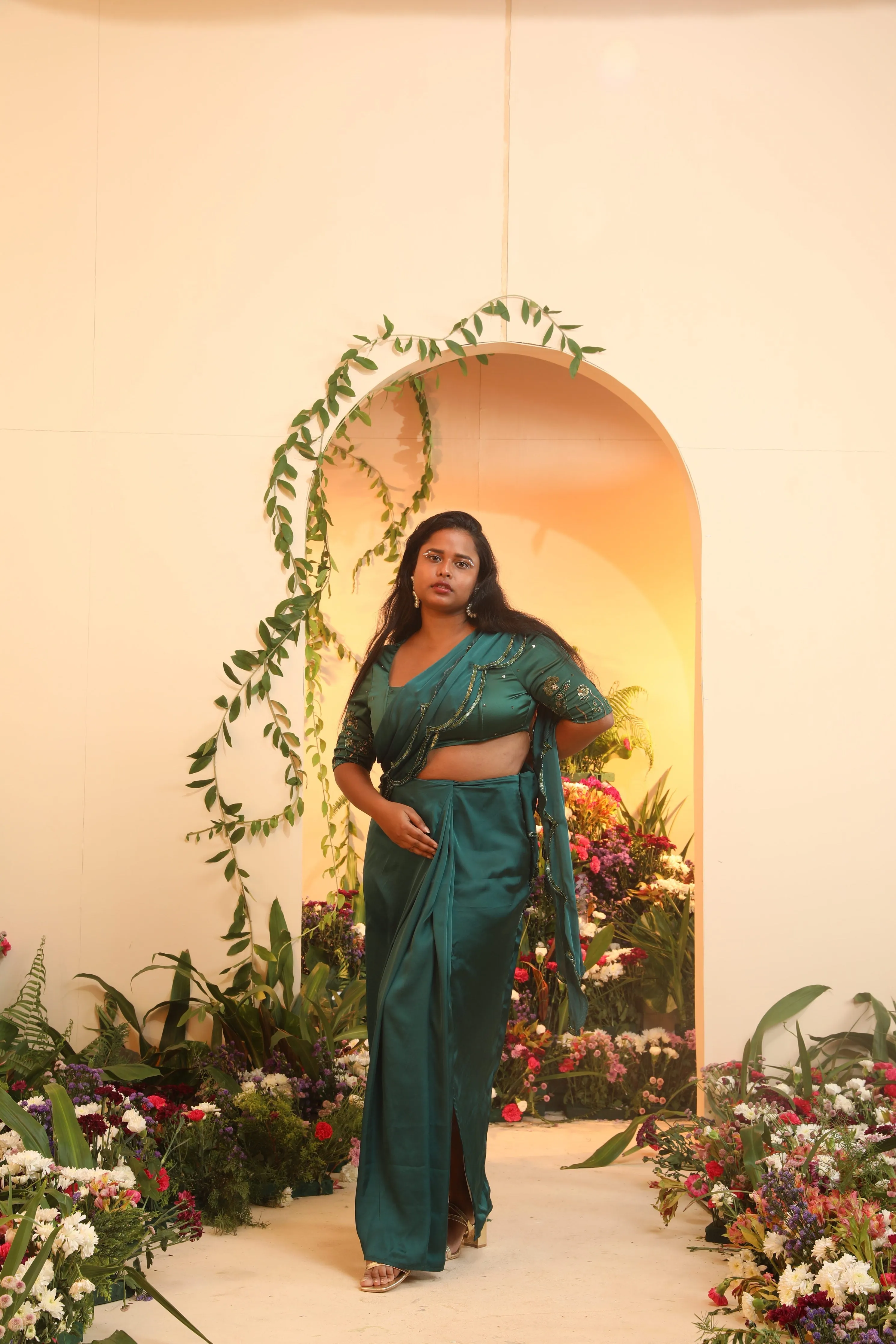 Iniya Emerald Scallop Satin Pre-Stitched Saree