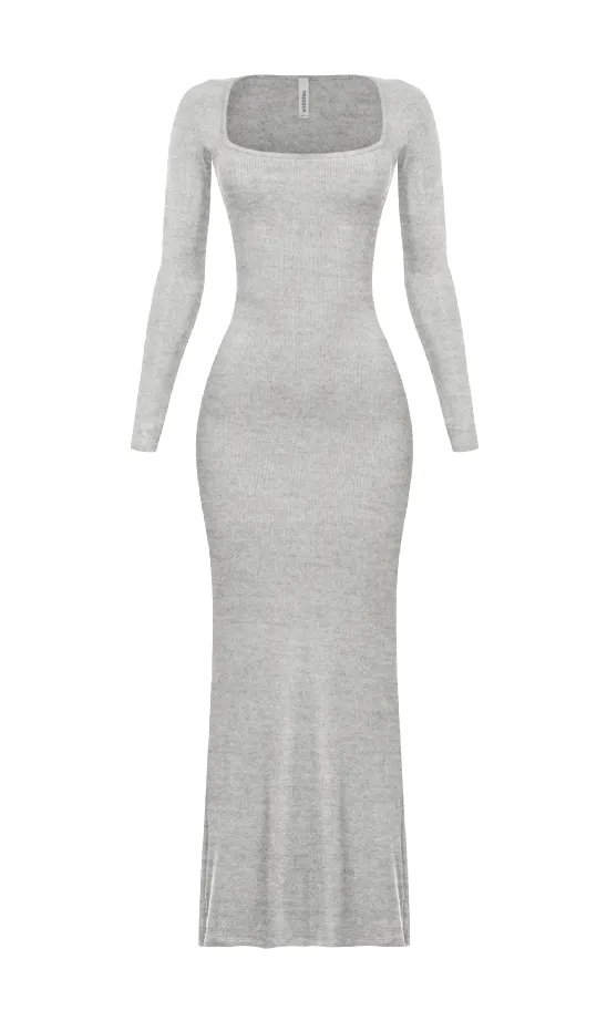 Kourtney L/S Ribbed Maxi Dress (Heather Grey)