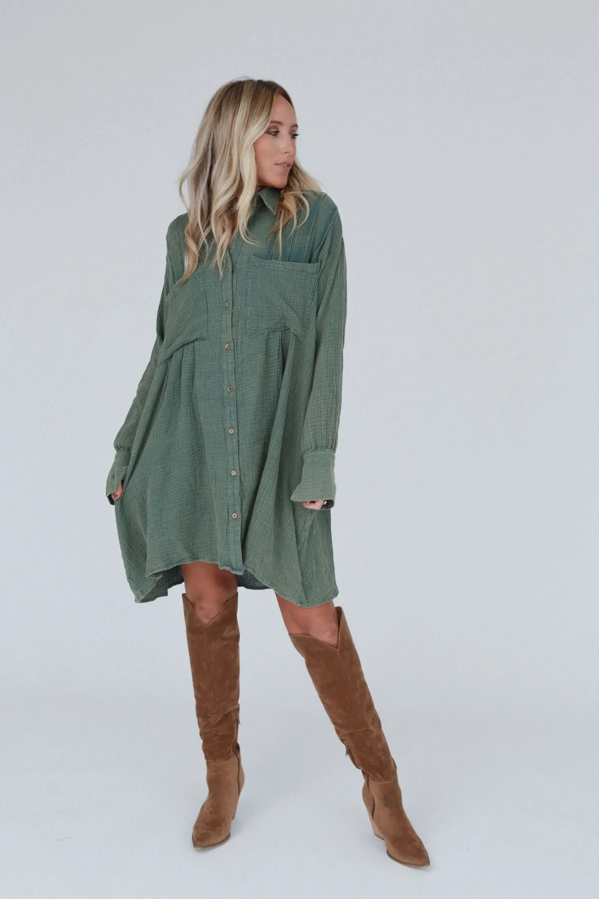 Marci Button Down Tunic Dress - Olive