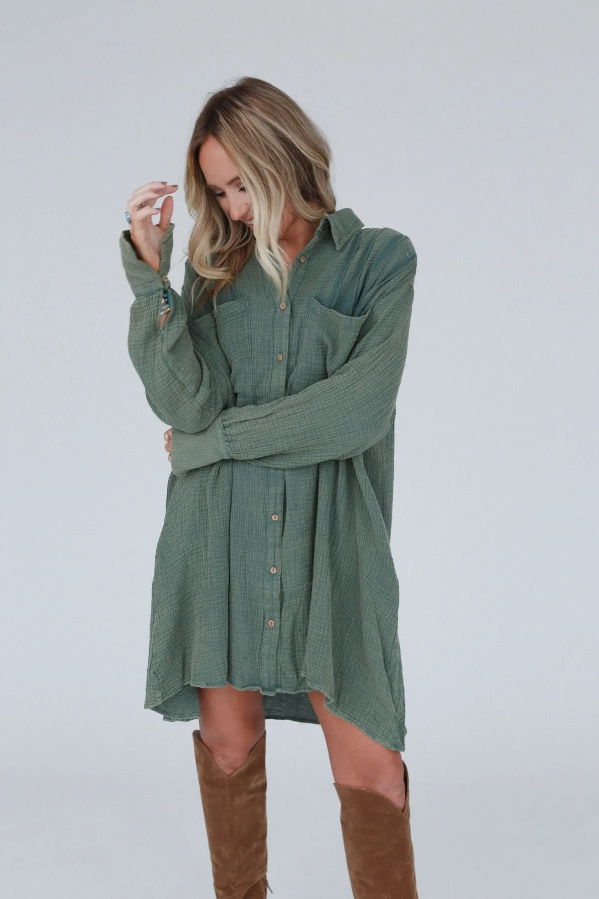 Marci Button Down Tunic Dress - Olive