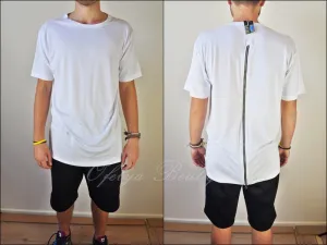 Mens Lengthen Extended Back Full Zipper Design Short Sleeve Tops Tshirt