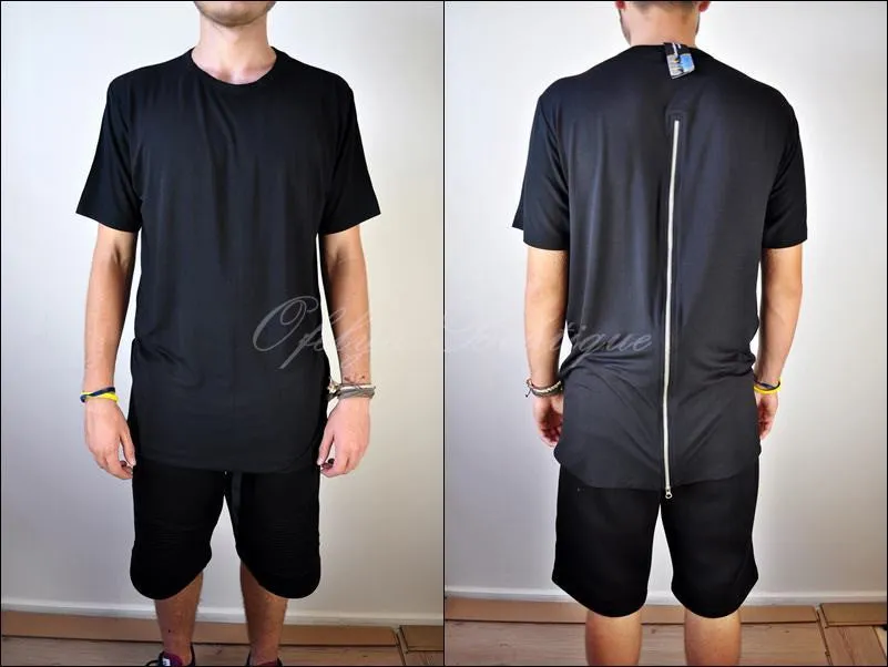 Mens Lengthen Extended Back Full Zipper Design Short Sleeve Tops Tshirt