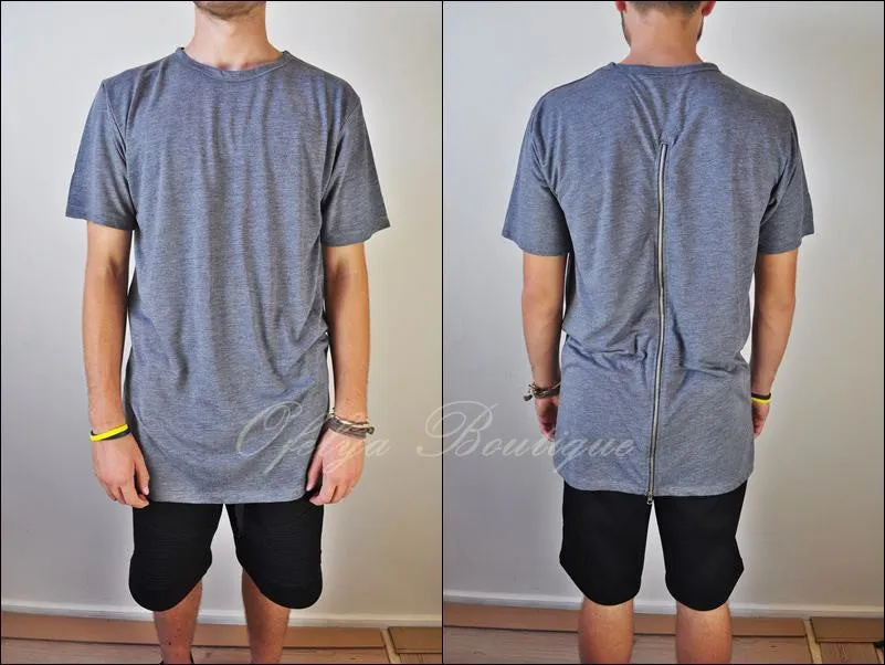 Mens Lengthen Extended Back Full Zipper Design Short Sleeve Tops Tshirt