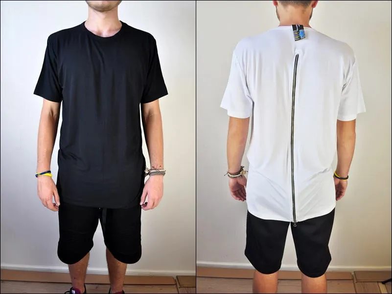 Mens Lengthen Extended Back Full Zipper Design Short Sleeve Tops Tshirt