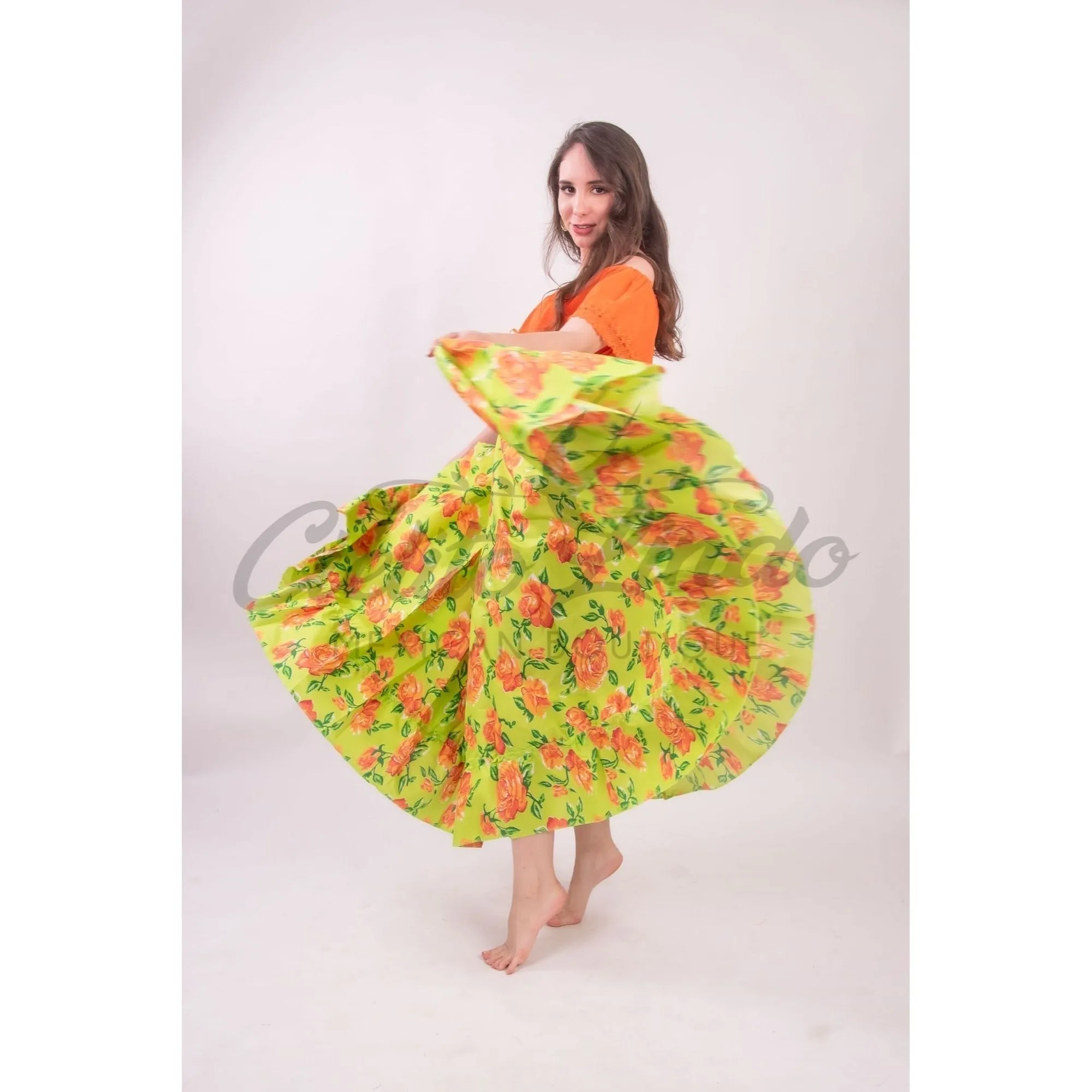 Mexican Folklorico Green Floral Skirt