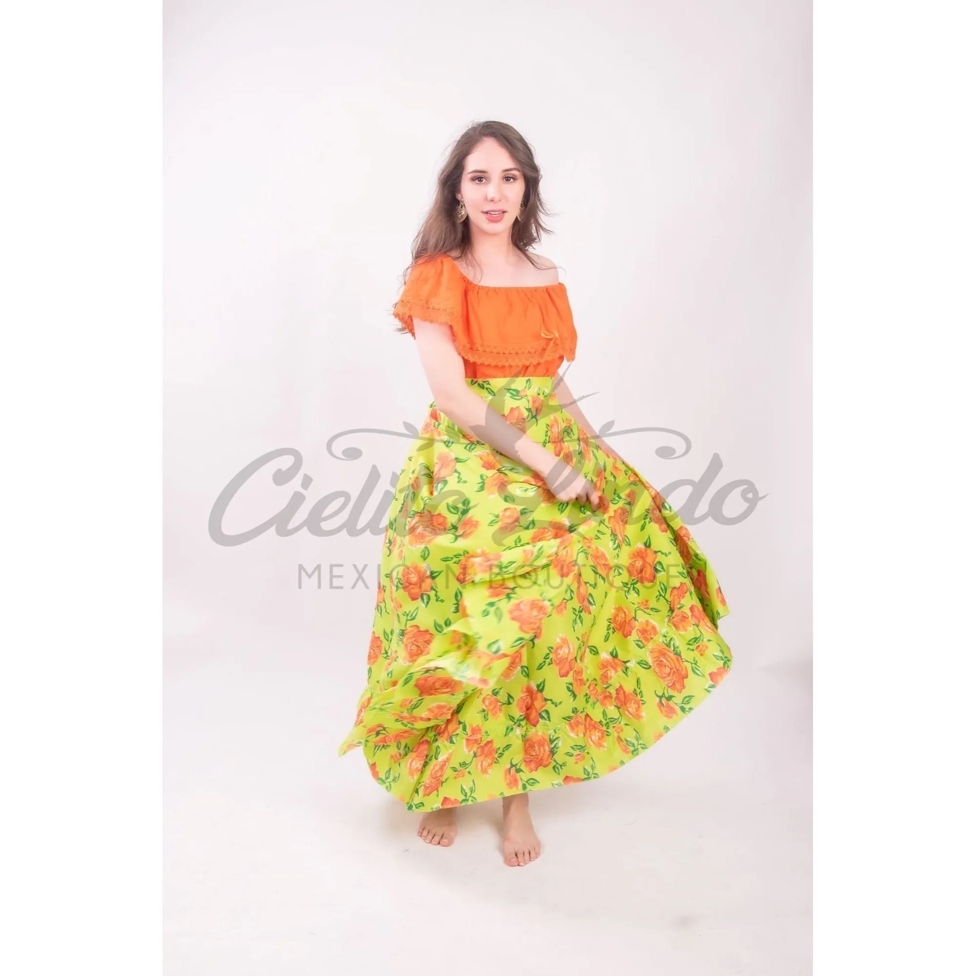 Mexican Folklorico Green Floral Skirt