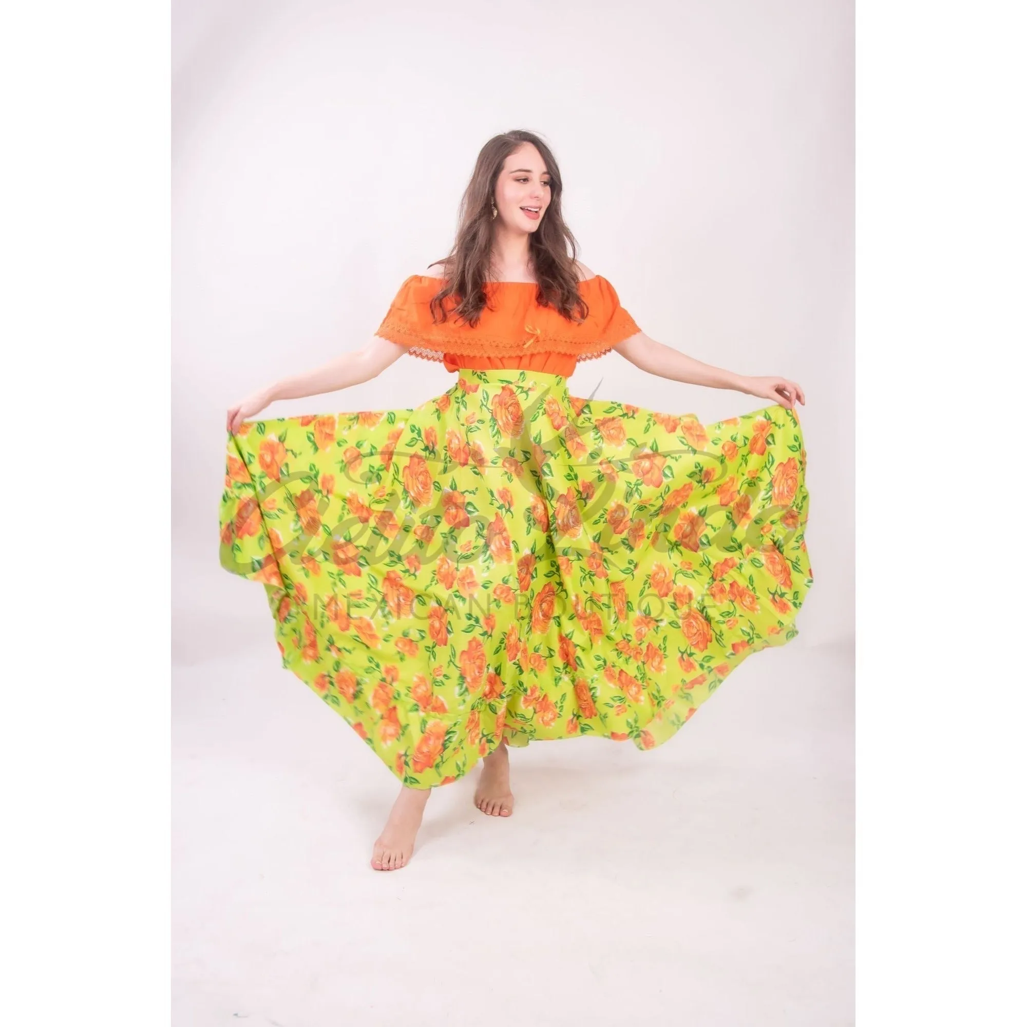 Mexican Folklorico Green Floral Skirt