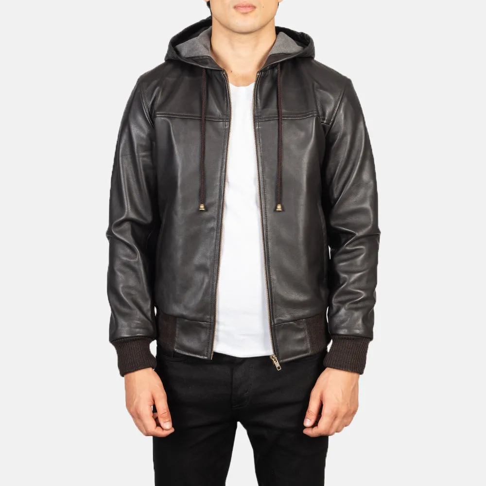 Nintenzo Brown Hooded Leather Bomber Jacket