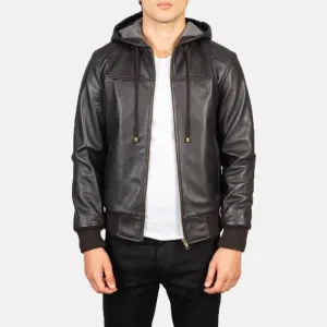 Nintenzo Brown Hooded Leather Bomber Jacket