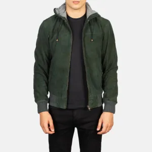 Nintenzo Green Hooded Suede Bomber Jacket