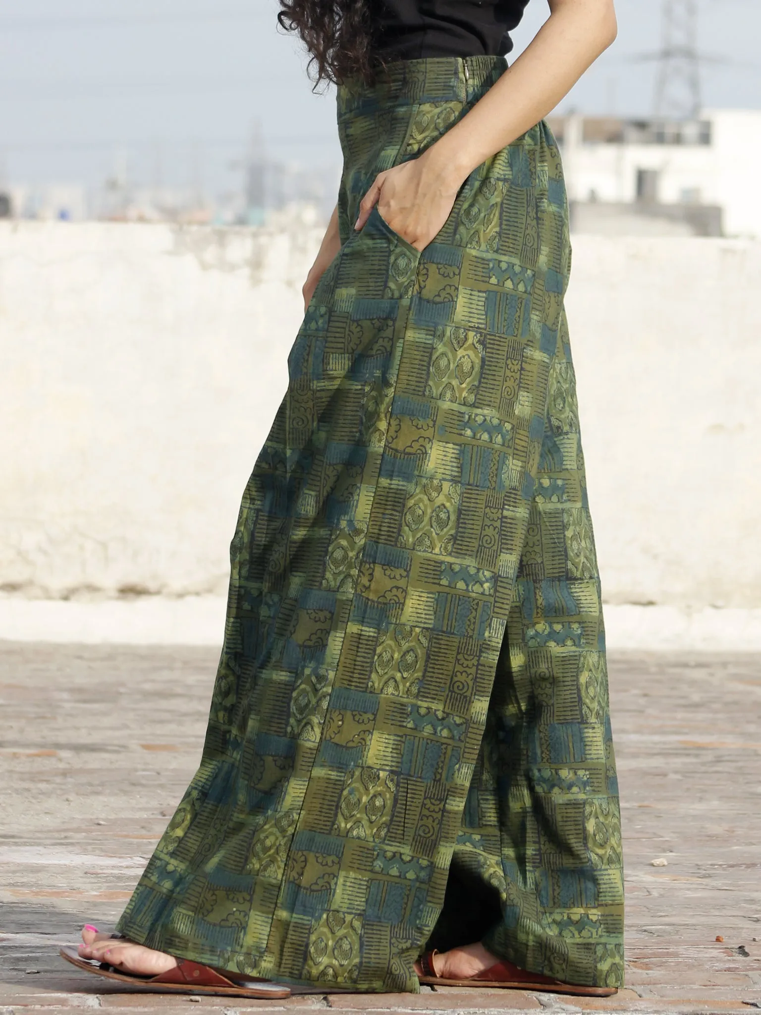 Olive Indigo Hand Block Printed Semi Elasticated Waist Pleated Cotton Palazzo - P11F552