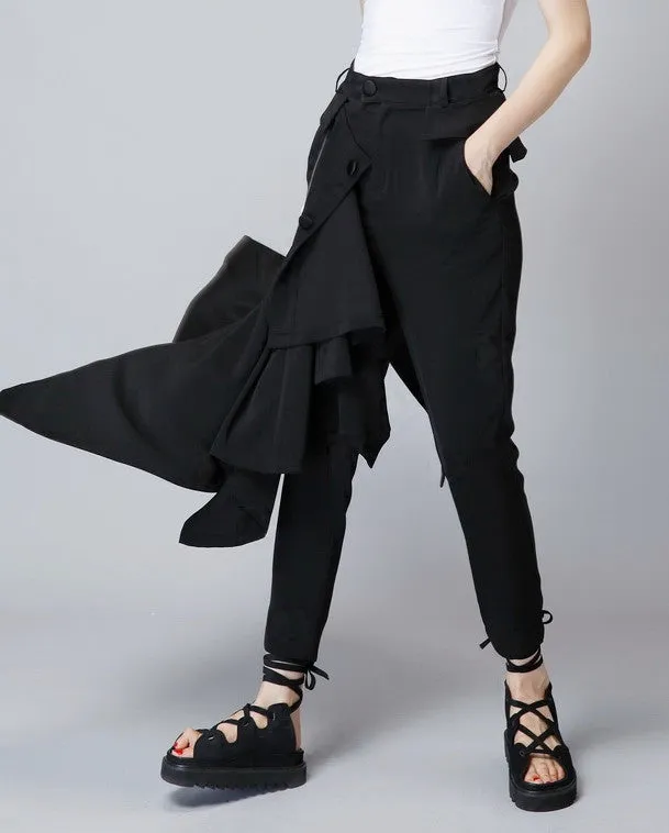 Original Design High Waist Skinny Leg Skirt Layer Crepe Pants // Asymmetrical Skirt Layer Trouser