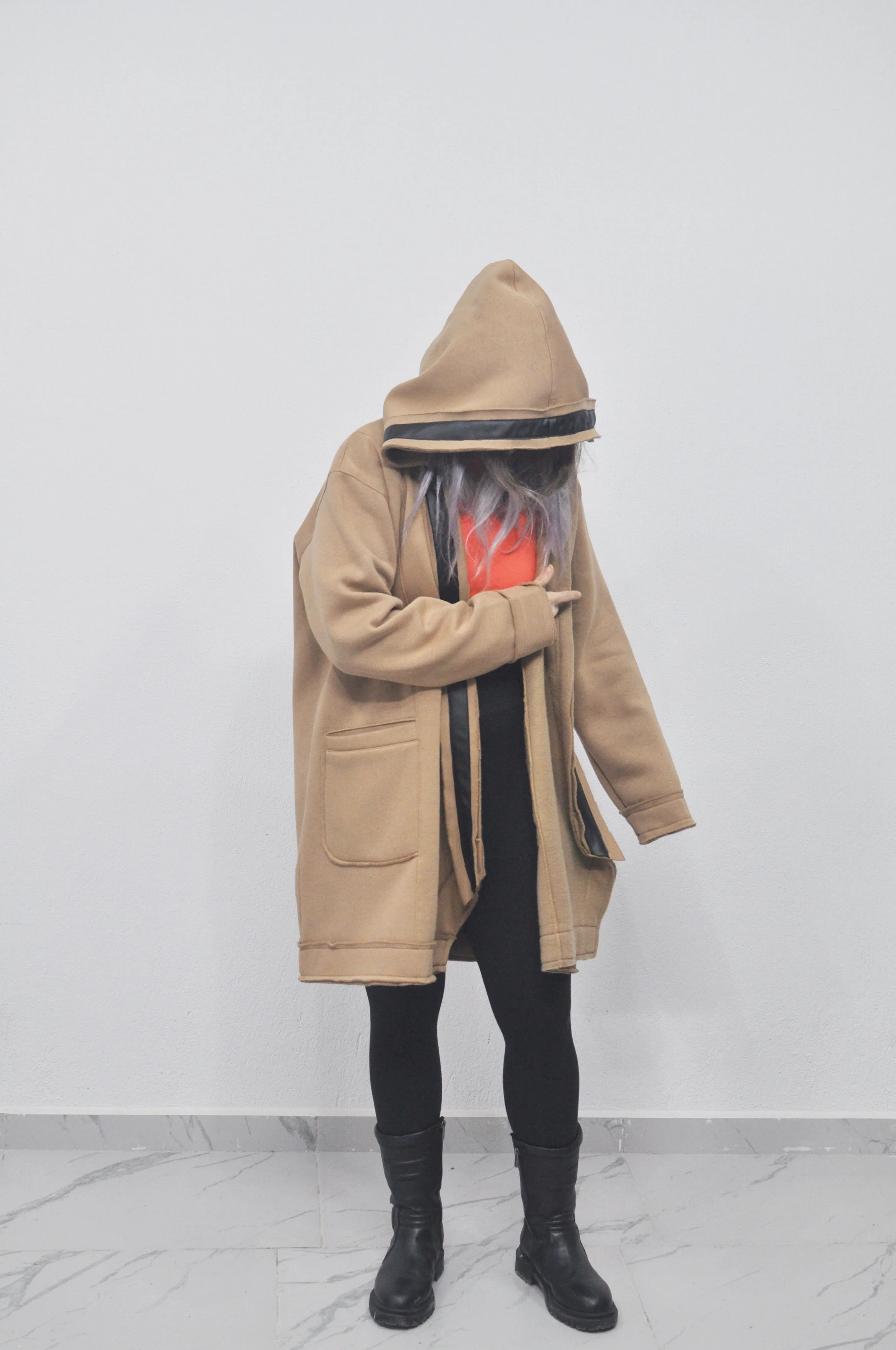 Oversized Asymmetrical Front Cut Long Hooded Leather Stitched Edge Cardigan / Cloak Cosplay Cape