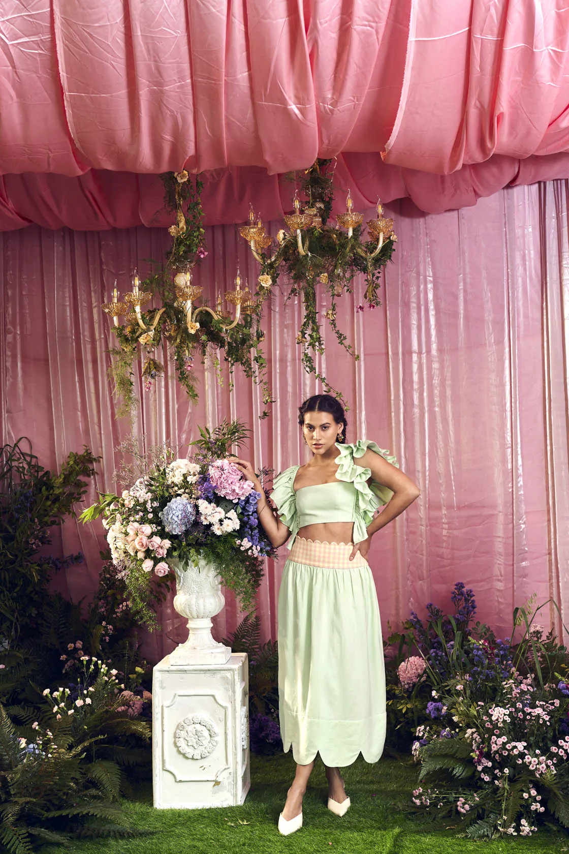 Pastel Mint Ruffled Sleeve Crop Top And Skirt Co Ord