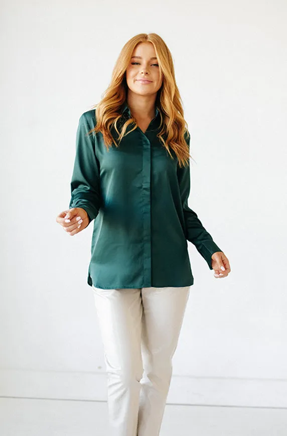 Perfect Timing Emerald Green Satin Blouse- FINAL SALE