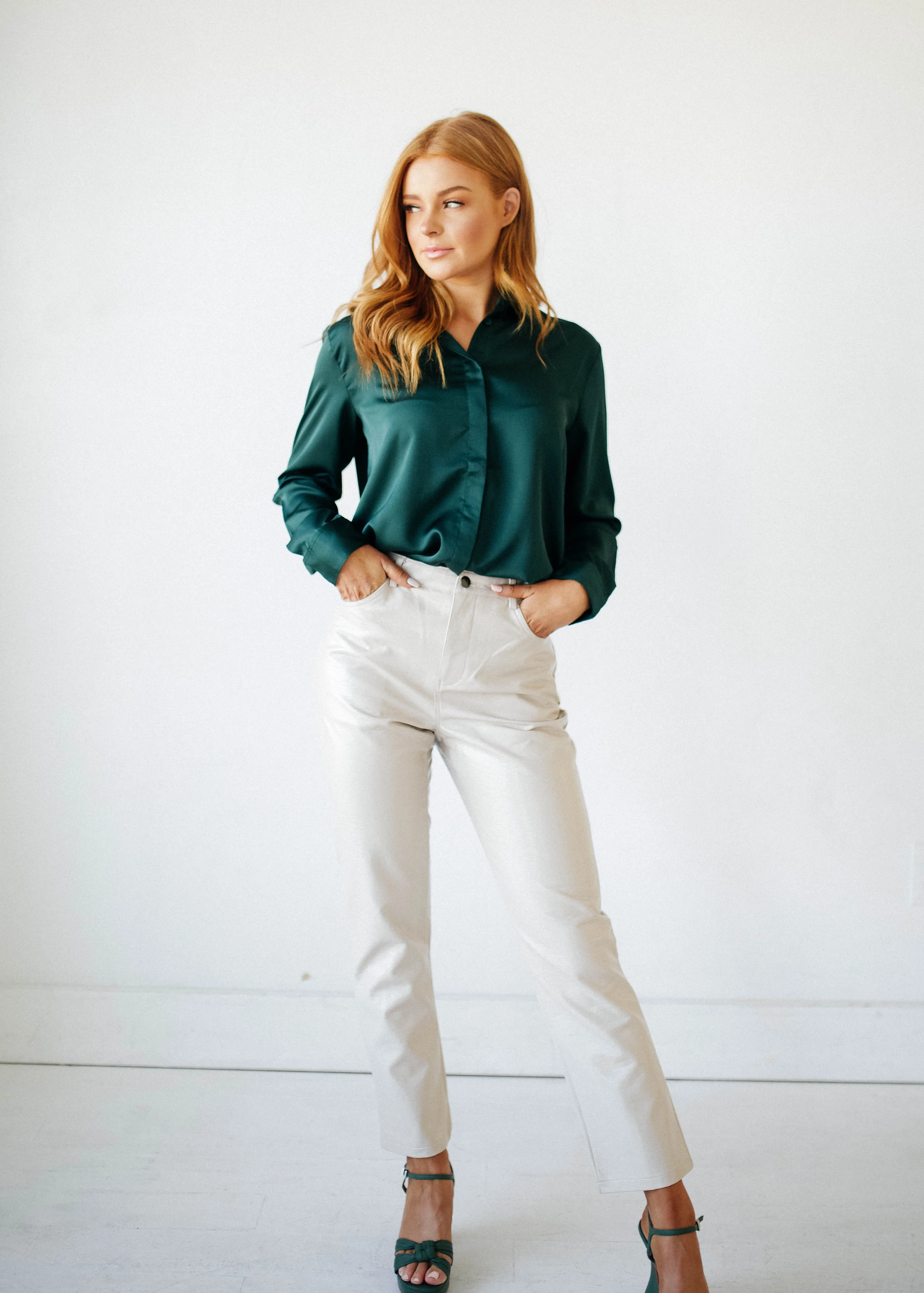 Perfect Timing Emerald Green Satin Blouse- FINAL SALE