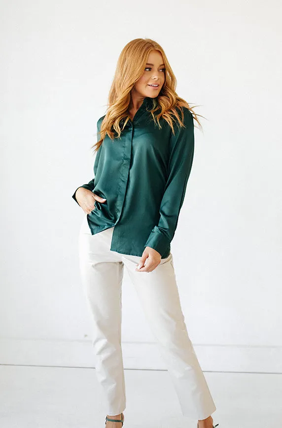 Perfect Timing Emerald Green Satin Blouse- FINAL SALE