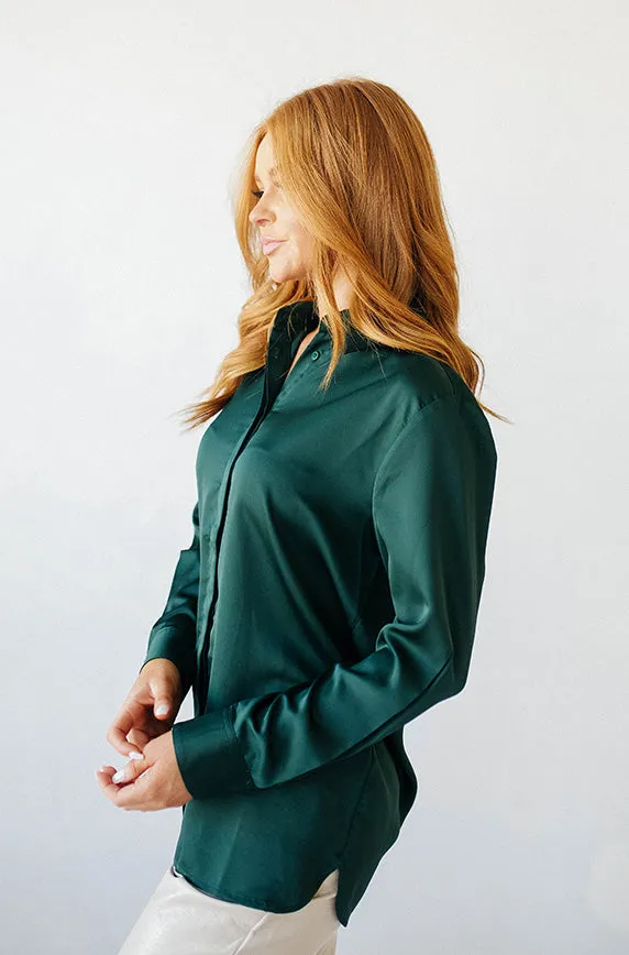 Perfect Timing Emerald Green Satin Blouse- FINAL SALE