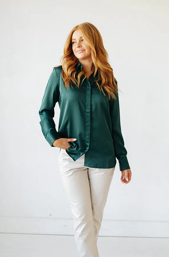 Perfect Timing Emerald Green Satin Blouse- FINAL SALE