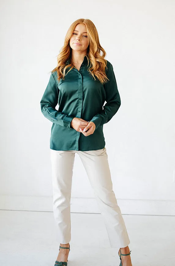 Perfect Timing Emerald Green Satin Blouse- FINAL SALE