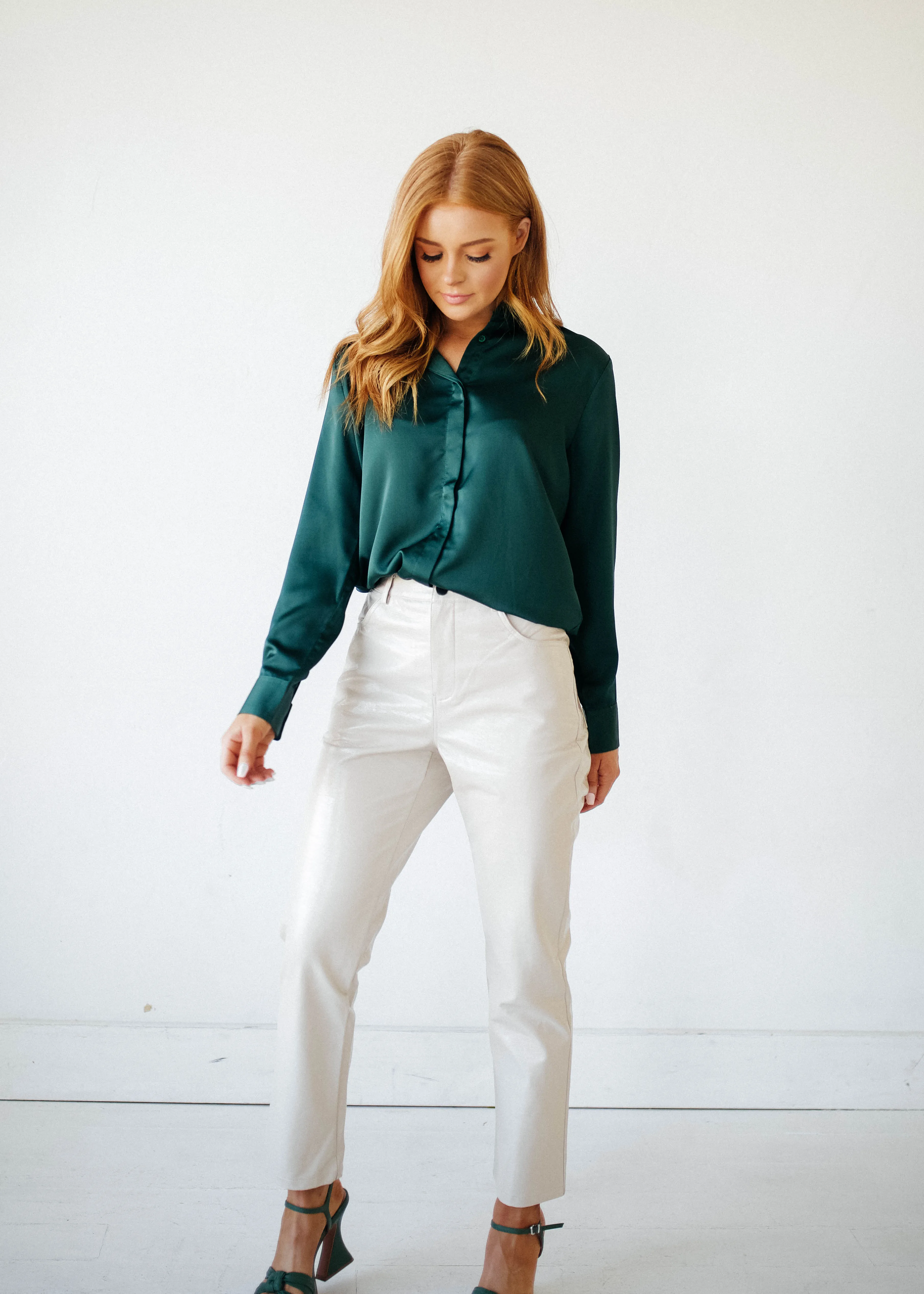 Perfect Timing Emerald Green Satin Blouse- FINAL SALE