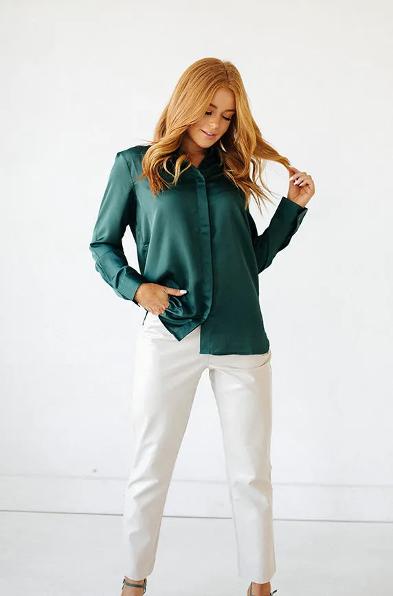 Perfect Timing Emerald Green Satin Blouse- FINAL SALE