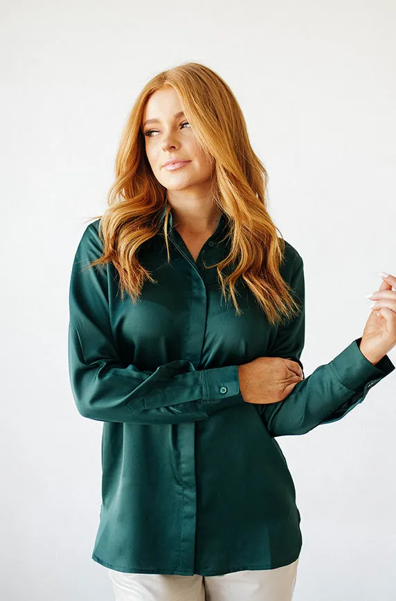 Perfect Timing Emerald Green Satin Blouse- FINAL SALE