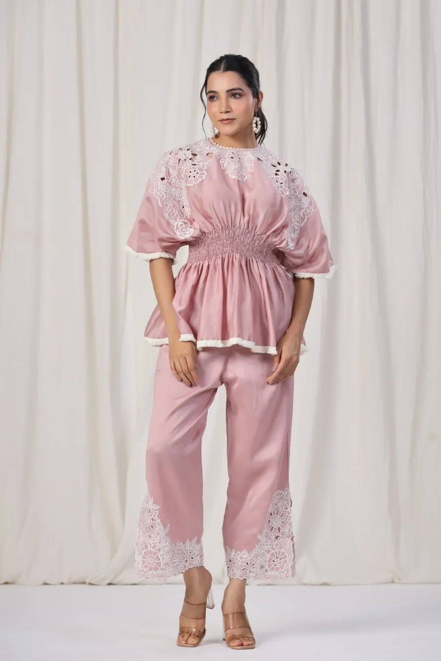 Powder Pink Embroidered Lotus Silk Co-ord Set