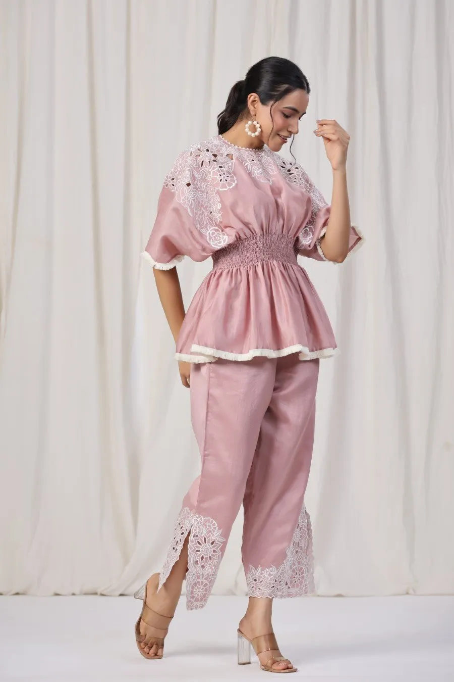 Powder Pink Embroidered Lotus Silk Co-ord Set