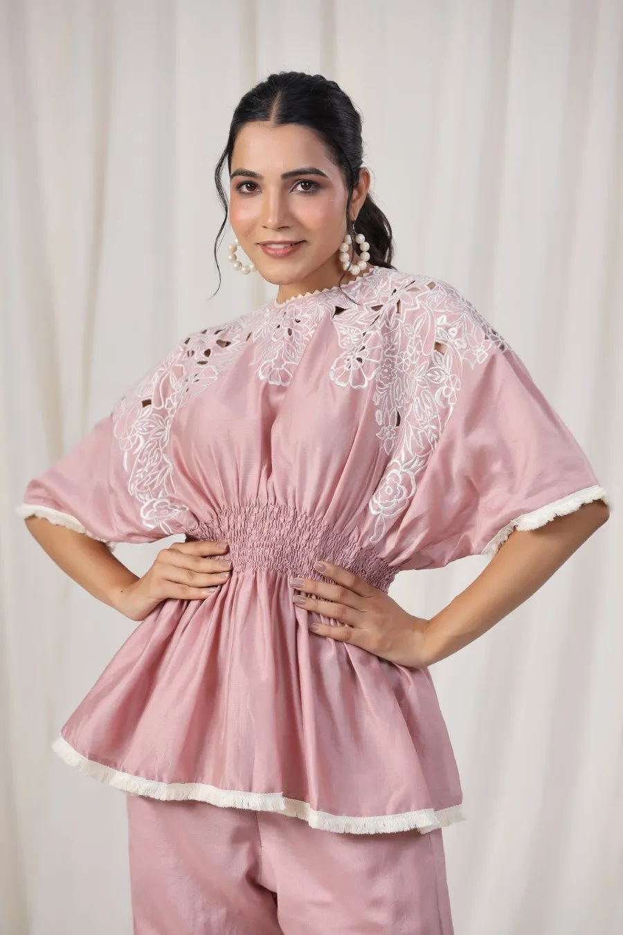 Powder Pink Embroidered Lotus Silk Co-ord Set