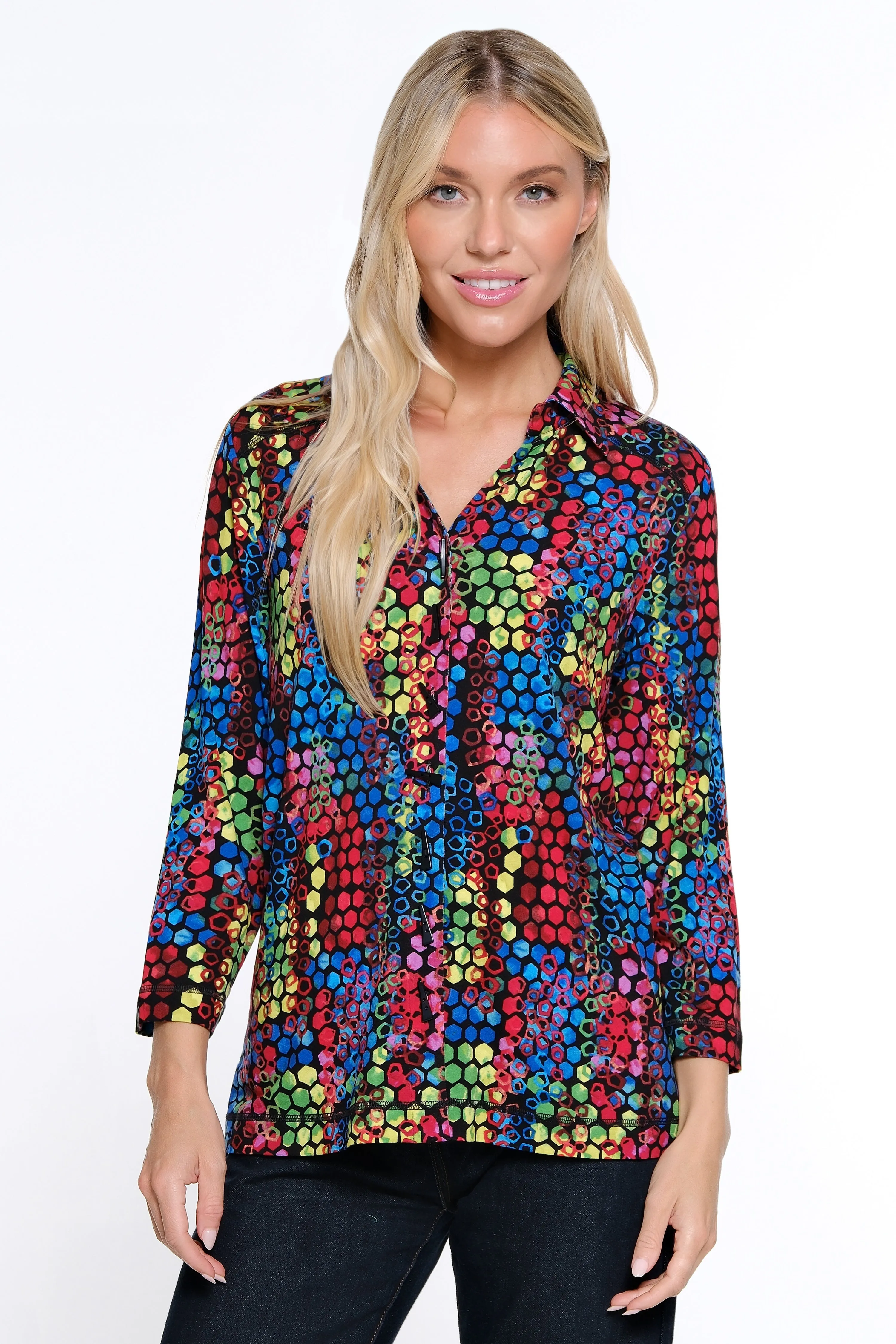 Print Button Front Tunic - Tile Multi