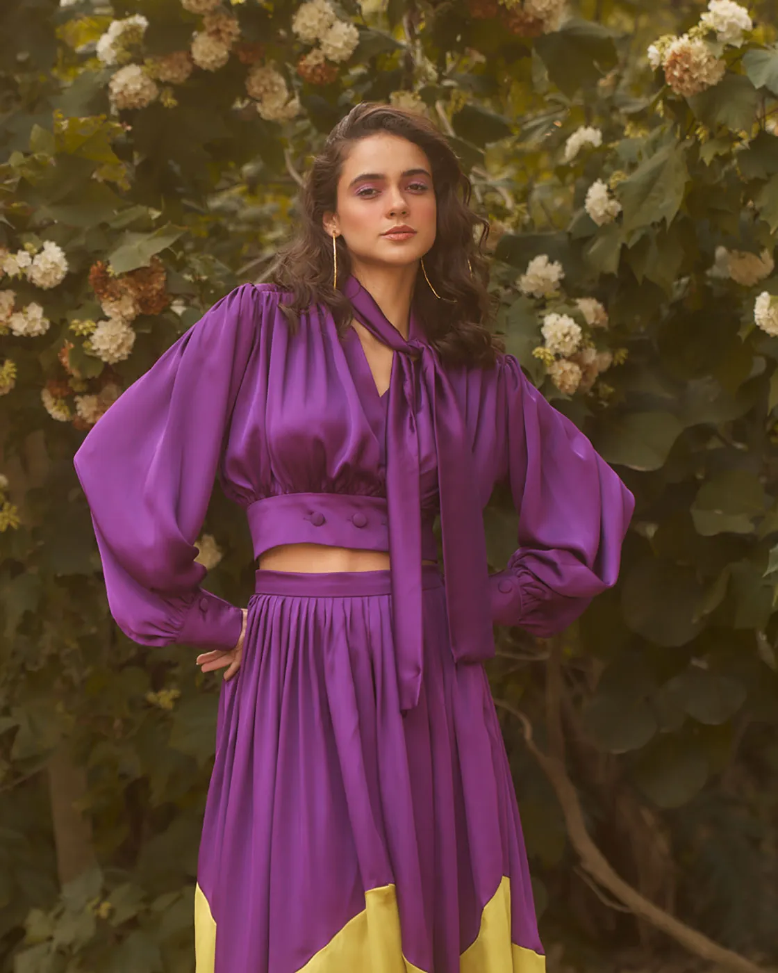 Purple Long Sleeved Satin Top And Skirt Set