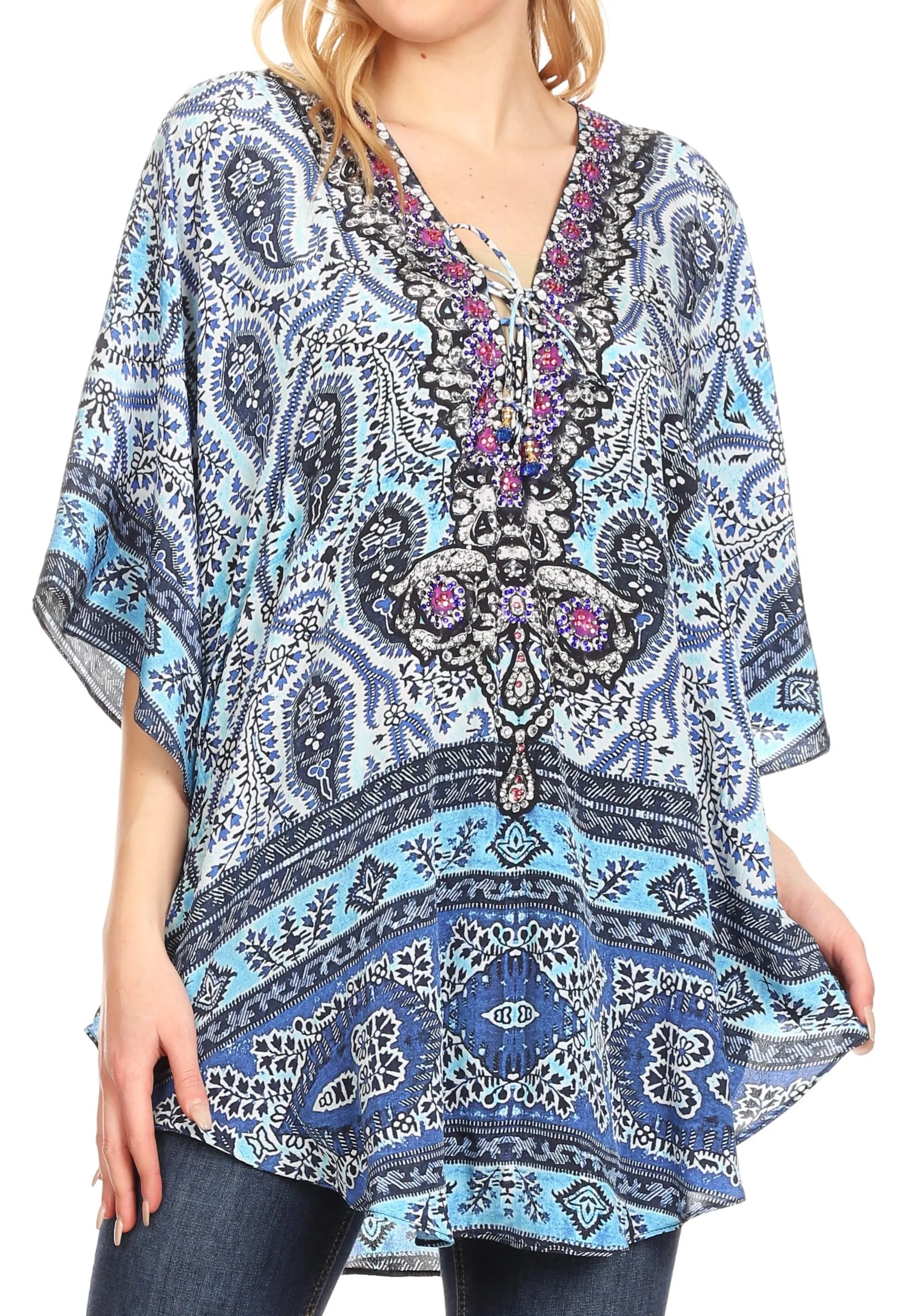 Sakkas Tallulah Wide Circle Blouse V Neck Top With Tassle Ties And Rhinestones