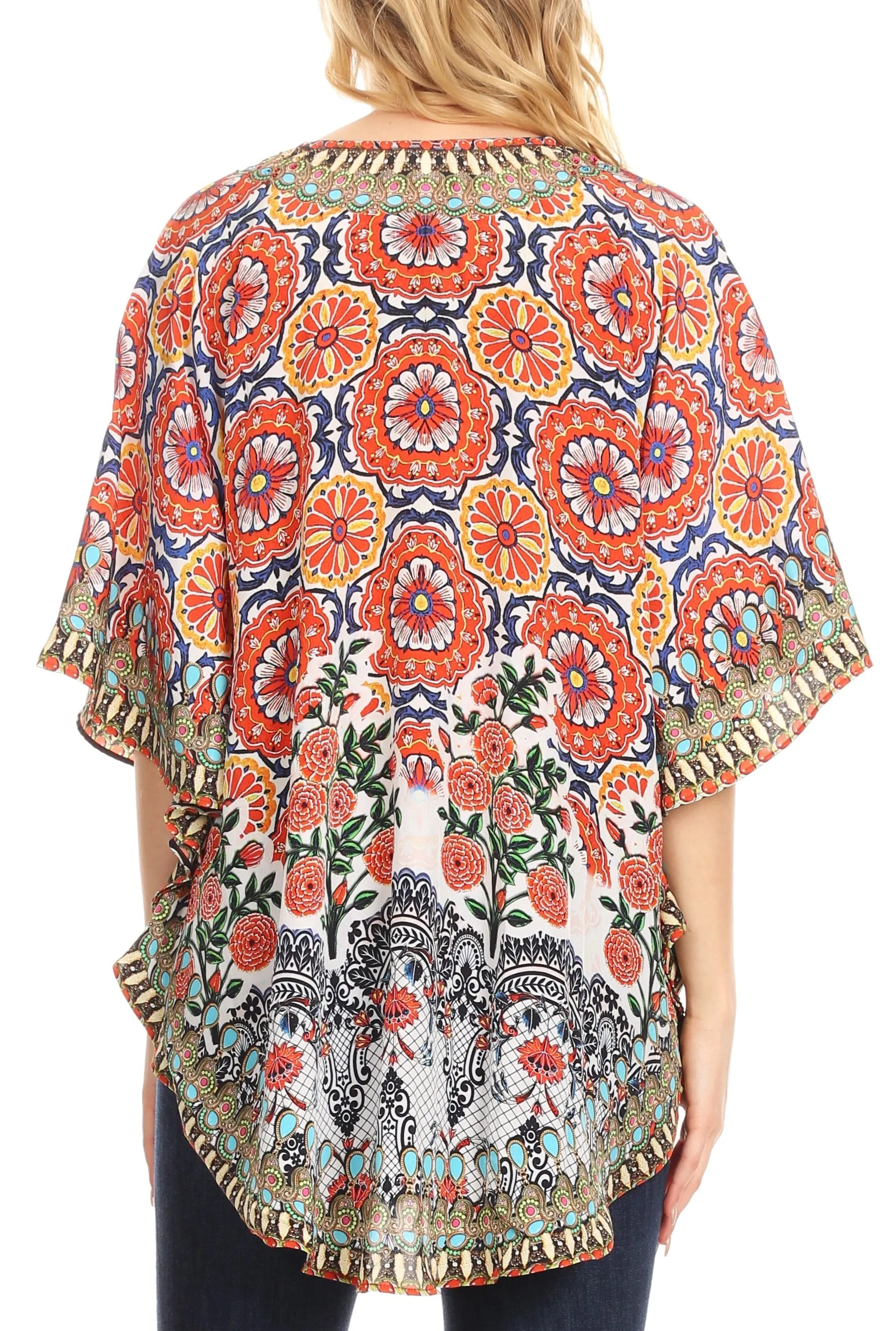 Sakkas Tallulah Wide Circle Blouse V Neck Top With Tassle Ties And Rhinestones