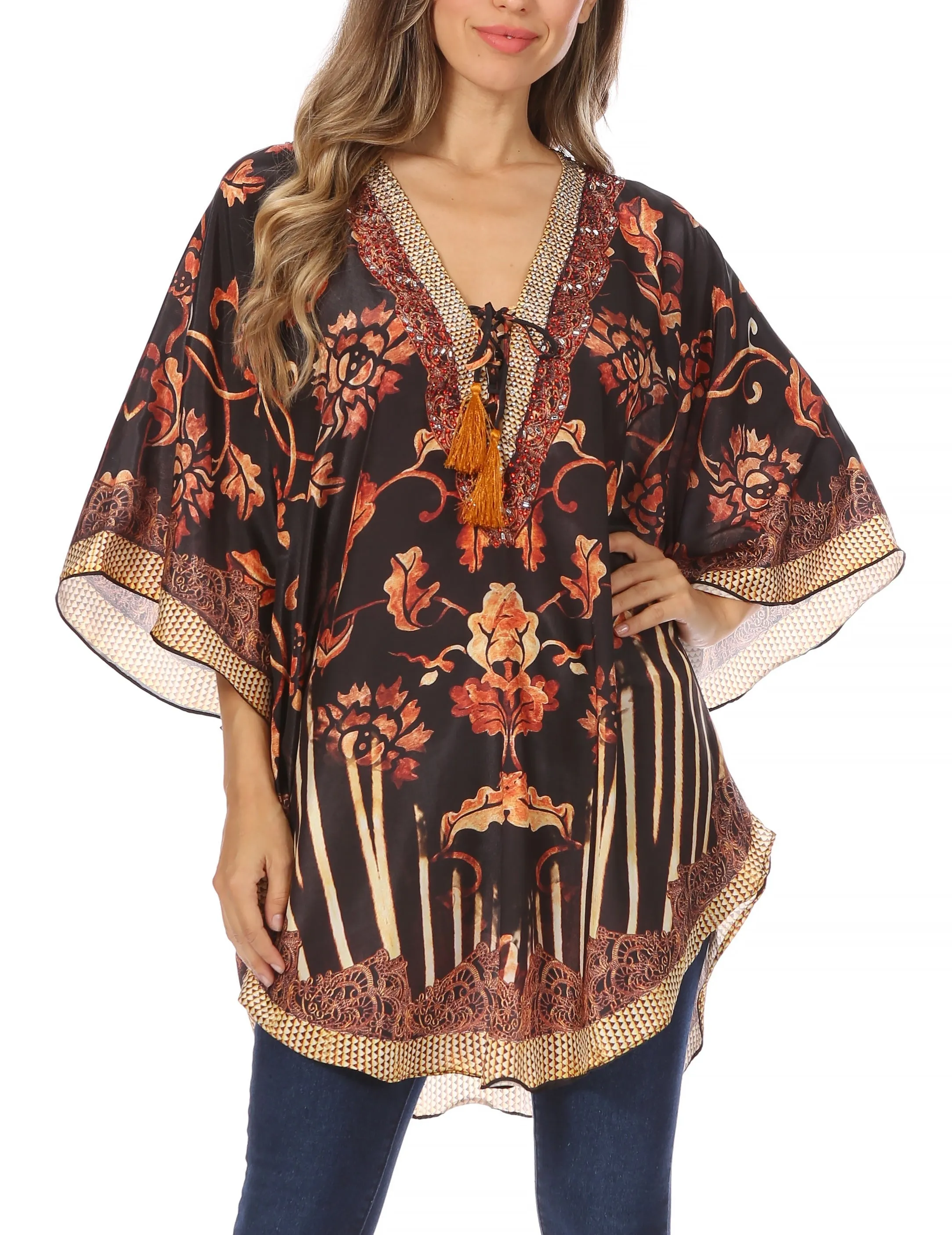 Sakkas Tallulah Wide Circle Blouse V Neck Top With Tassle Ties And Rhinestones