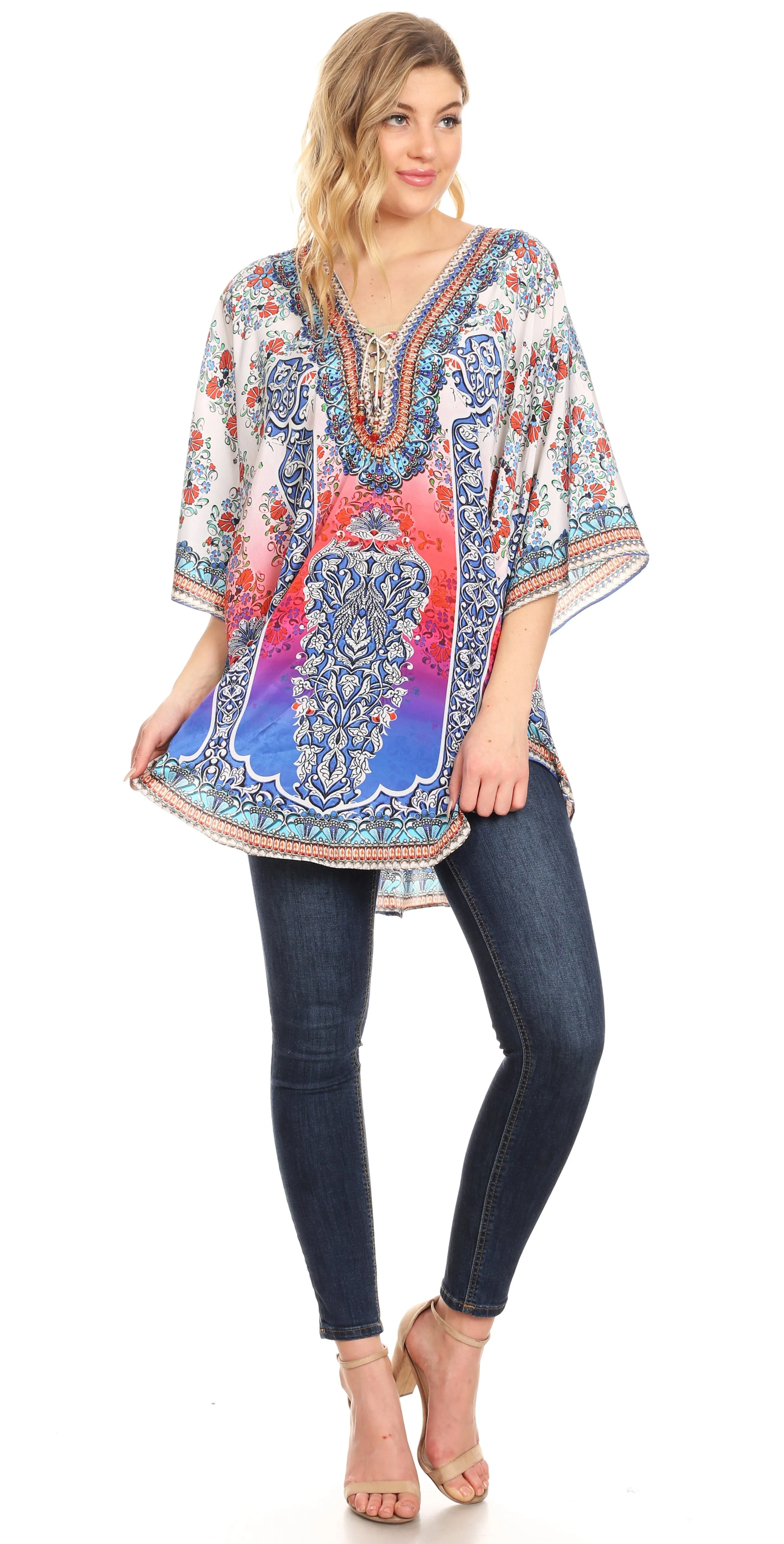 Sakkas Tallulah Wide Circle Blouse V Neck Top With Tassle Ties And Rhinestones