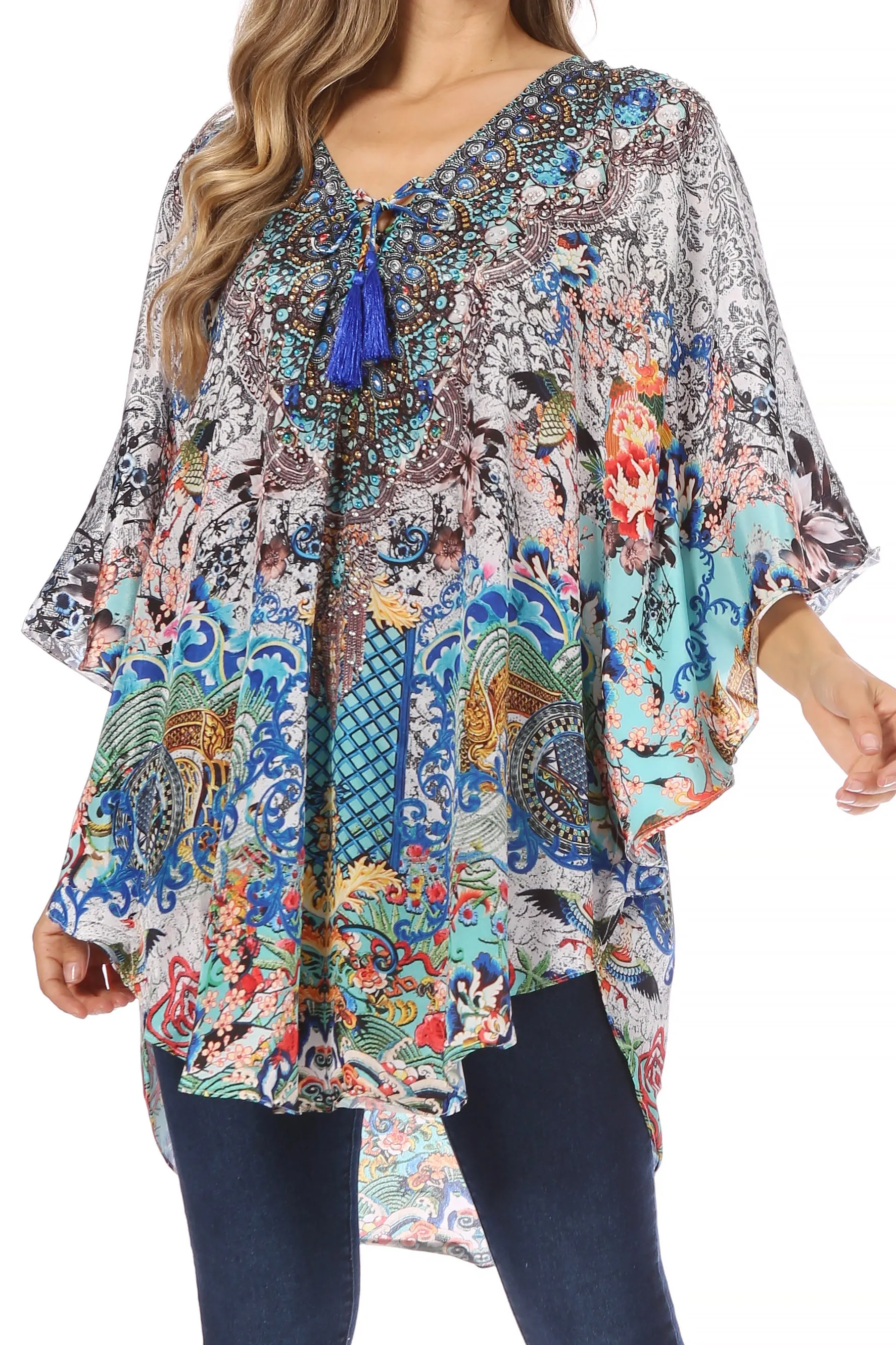 Sakkas Tallulah Wide Circle Blouse V Neck Top With Tassle Ties And Rhinestones