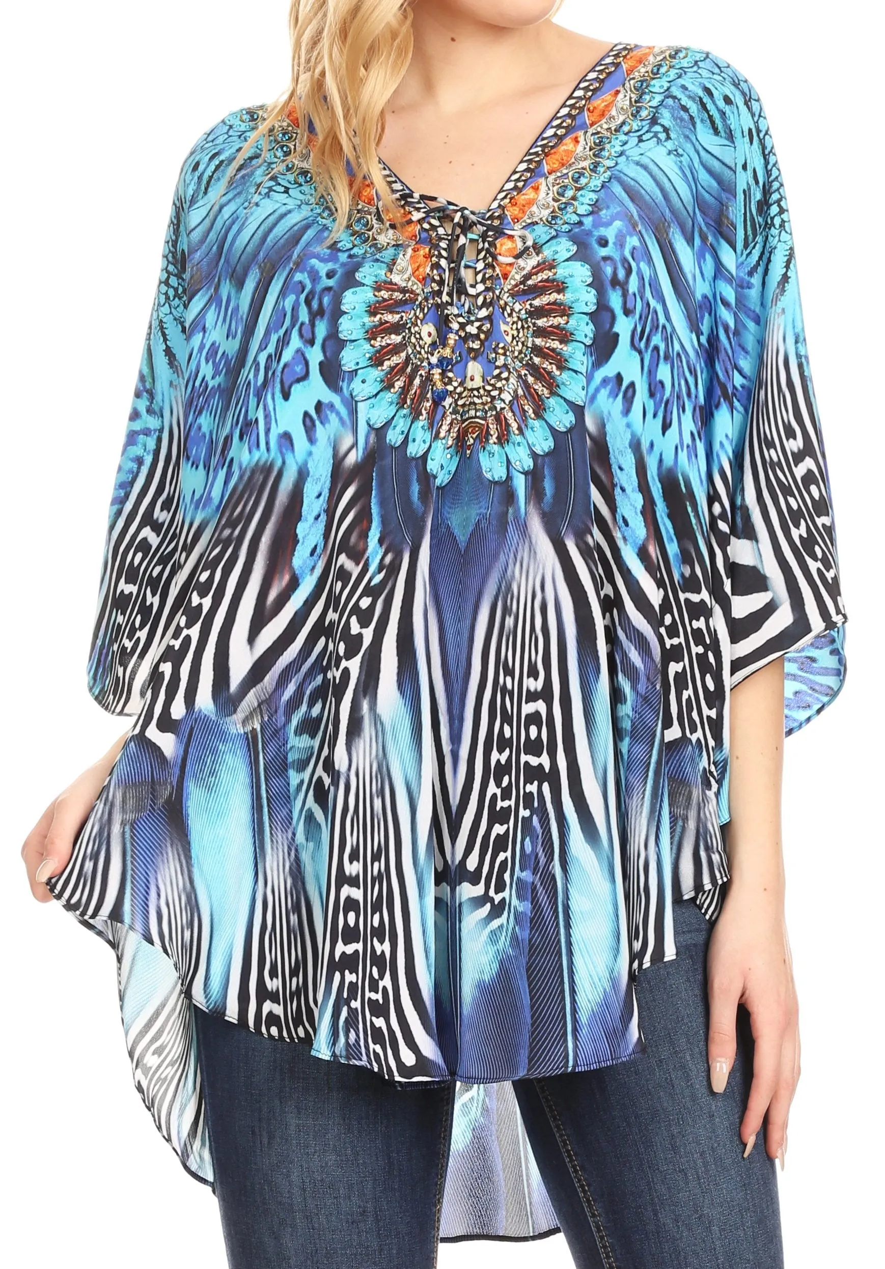 Sakkas Tallulah Wide Circle Blouse V Neck Top With Tassle Ties And Rhinestones