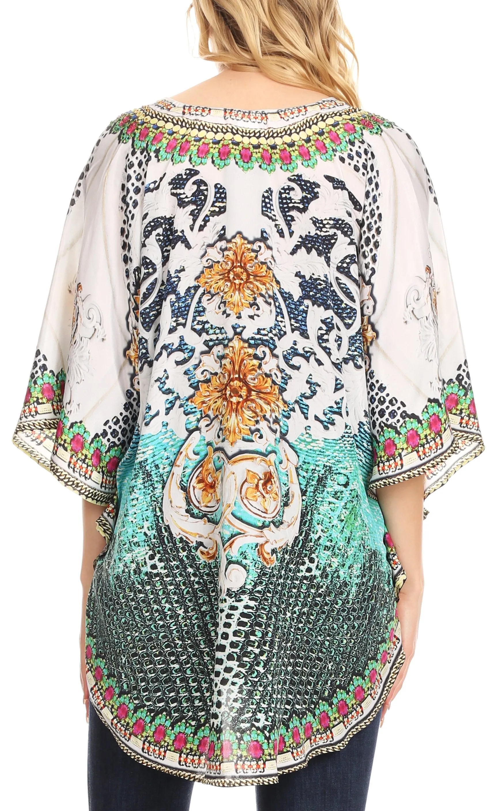 Sakkas Tallulah Wide Circle Blouse V Neck Top With Tassle Ties And Rhinestones