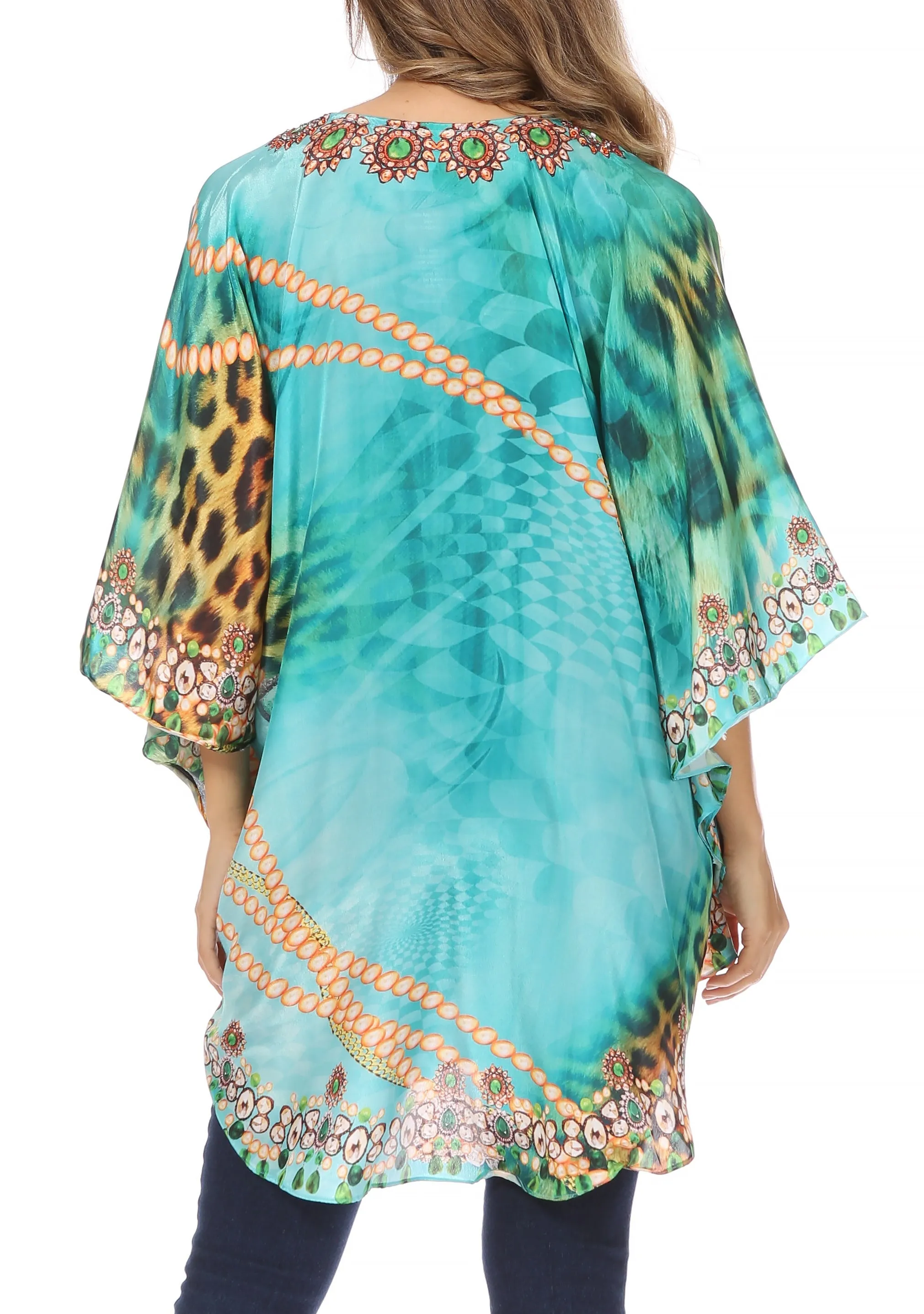 Sakkas Tallulah Wide Circle Blouse V Neck Top With Tassle Ties And Rhinestones