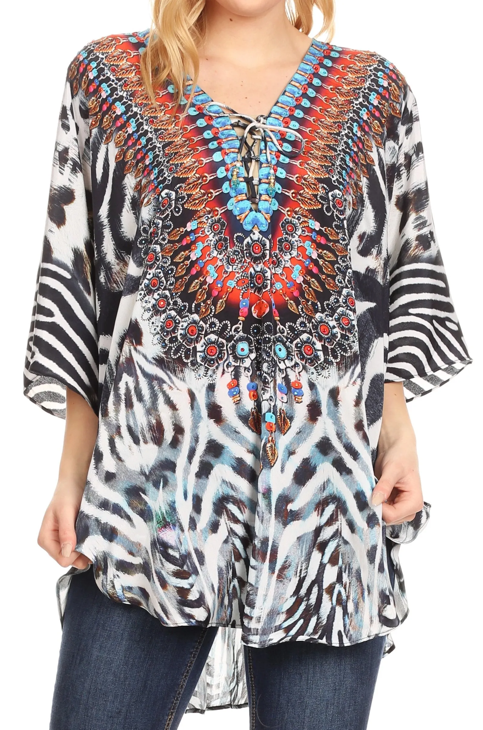 Sakkas Tallulah Wide Circle Blouse V Neck Top With Tassle Ties And Rhinestones