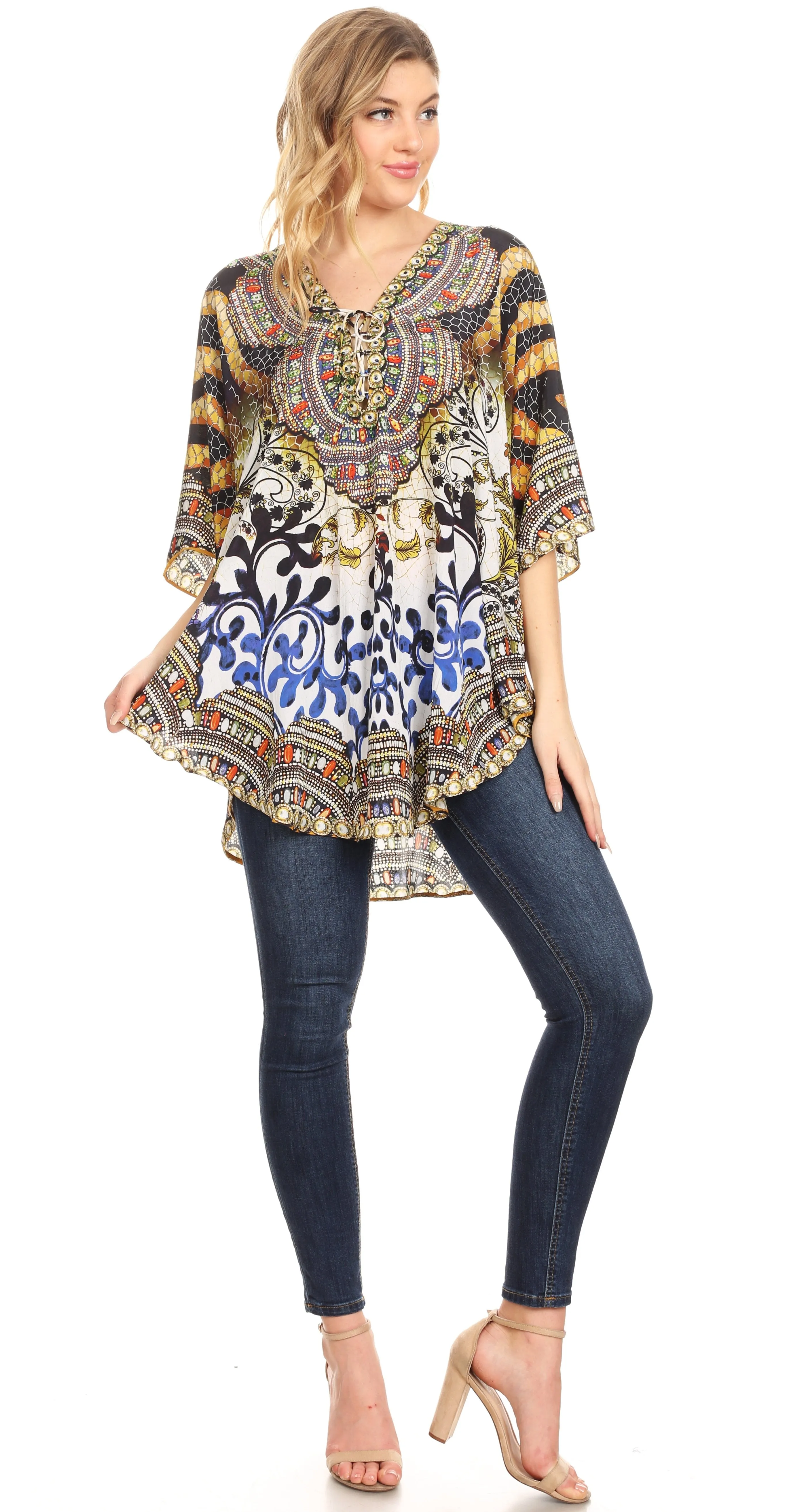 Sakkas Tallulah Wide Circle Blouse V Neck Top With Tassle Ties And Rhinestones