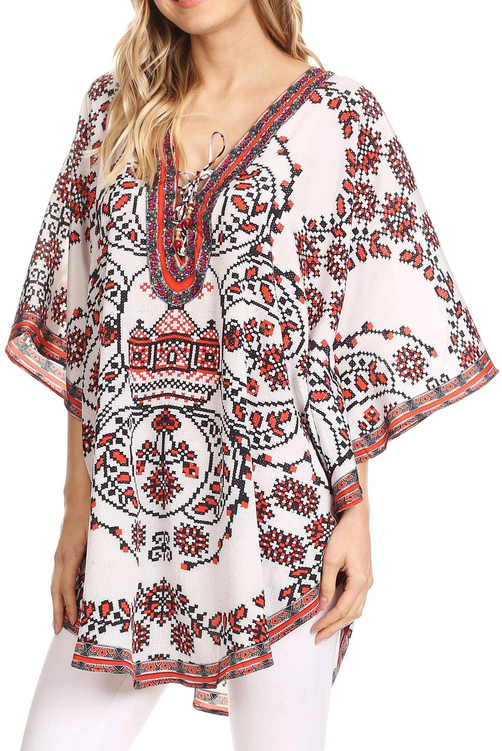 Sakkas Tallulah Wide Circle Blouse V Neck Top With Tassle Ties And Rhinestones